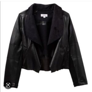 CoffeeShop Faux Leather Drape Front Jacket in Black